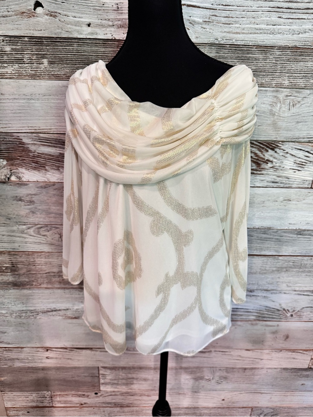 NWT Elegant White Blouse with Gold Accents - Draped Cowl Neck